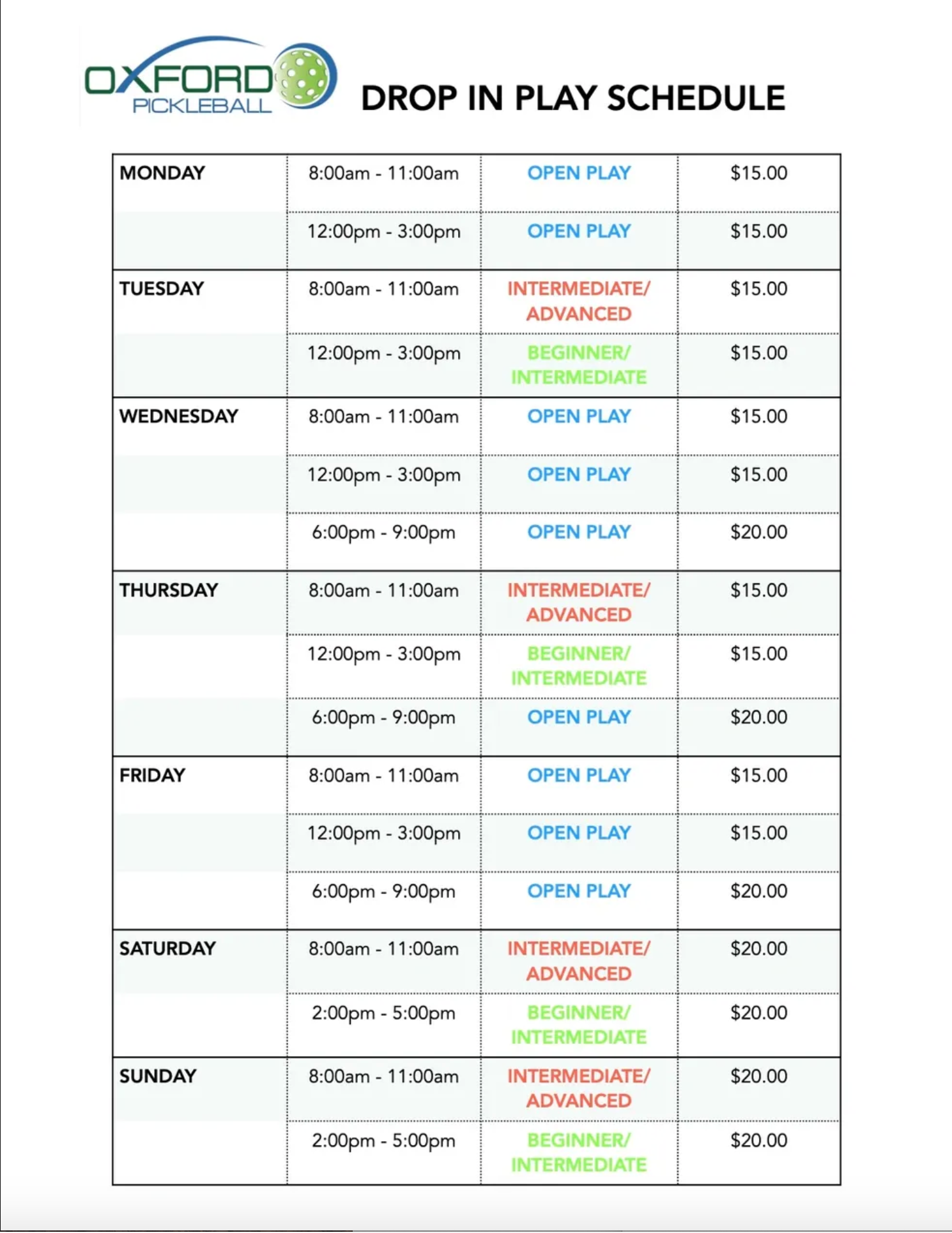 Oxford Pickleball drop-in play schedule